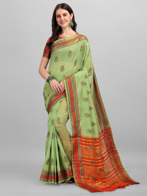 

LAGAAV Green & Red Floral Zari Pure Cotton Chanderi Saree