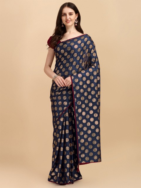 

LAGAAV Blue & Gold-Toned Floral Saree