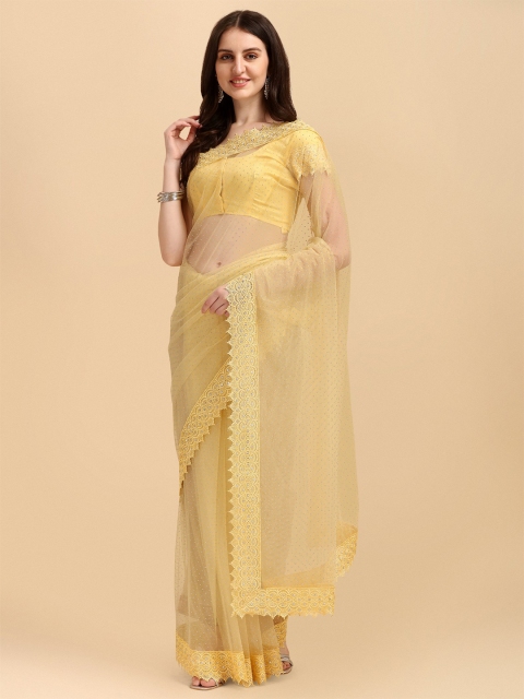 

LAGAAV Yellow & Silver-Toned Embellished Embroidered Net Saree