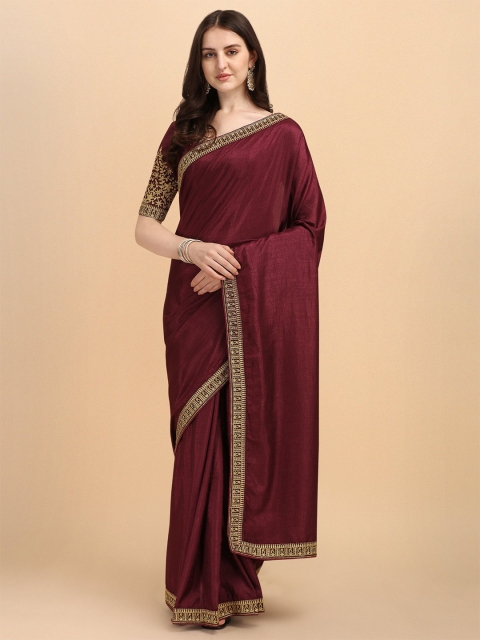 

LAGAAV Maroon & Green Embroidered Pure Silk Banarasi Saree