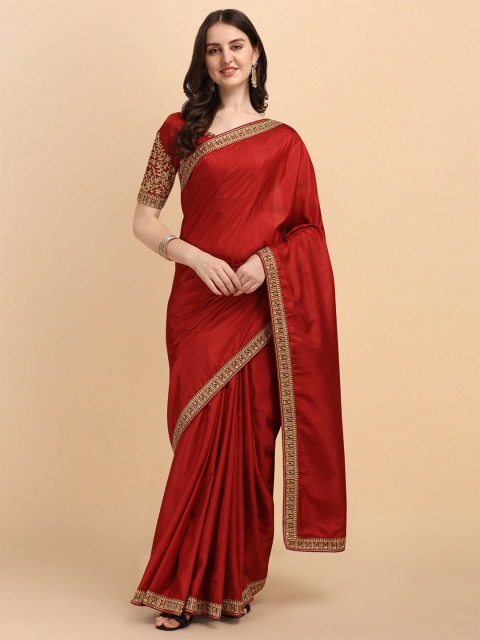 

LAGAAV Red & Gold-Toned Embroidered Pure Silk Tussar Saree