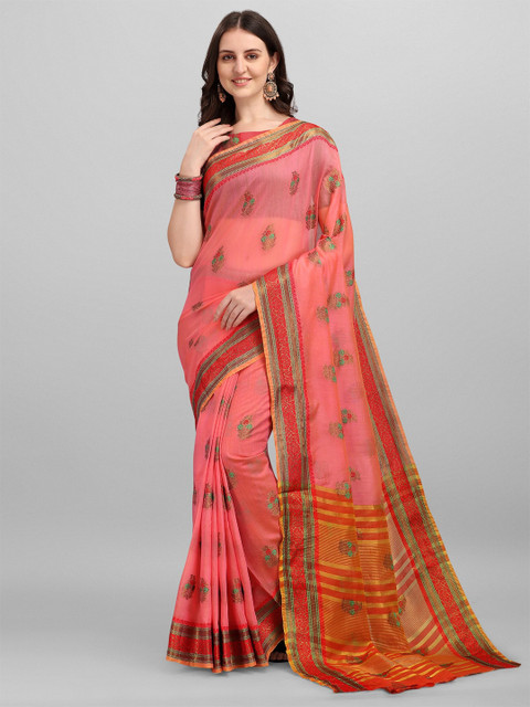 

LAGAAV Pink & Red Floral Zari Pure Cotton Chanderi Saree