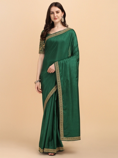 

LAGAAV Green & Gold-Toned Embroidered Pure Silk Tussar Saree