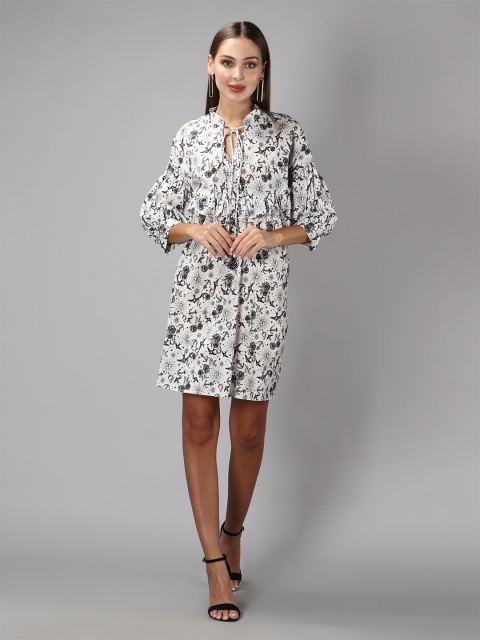 

Amagyaa White Floral Tie-Up Neck Shirt Dress