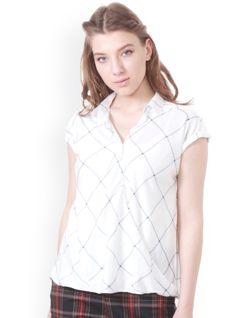 

People Women White & Blue Checked Shirt-Style Top
