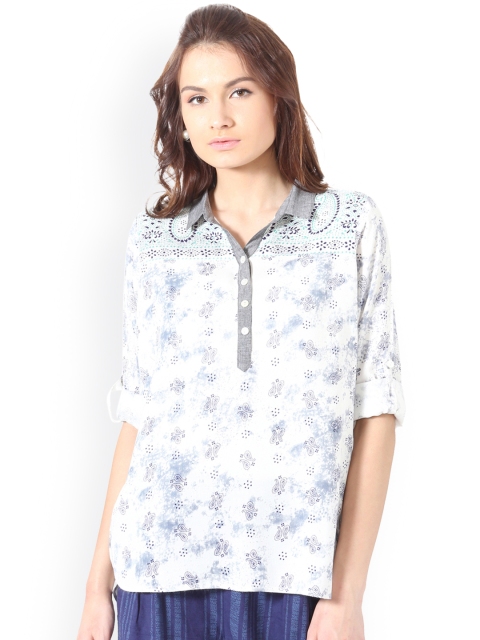 

People Women White & Blue Printed Shirt-Style Top