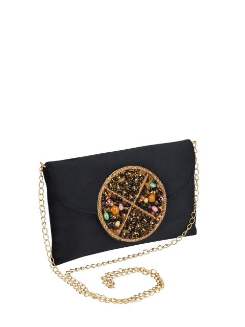 

INAAYA Black & Gold-Toned Embroidered Envelope Clutch