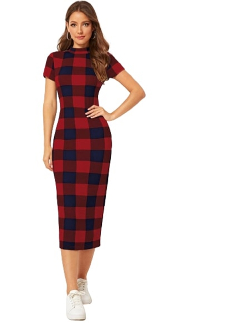 

LOOKFIELD Women Red Checked Sheath Midi Dress