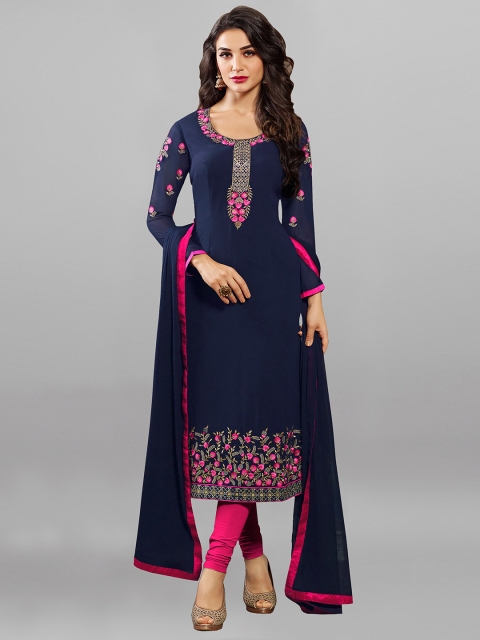 

mf Blue & Pink Embroidered Semi-Stitched Dress Material