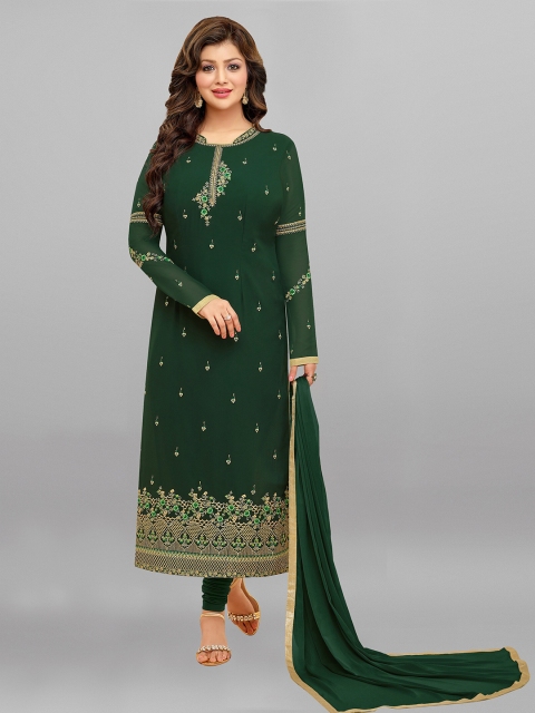 

mf Green & Gold-Toned Embroidered Semi-Stitched Dress Material