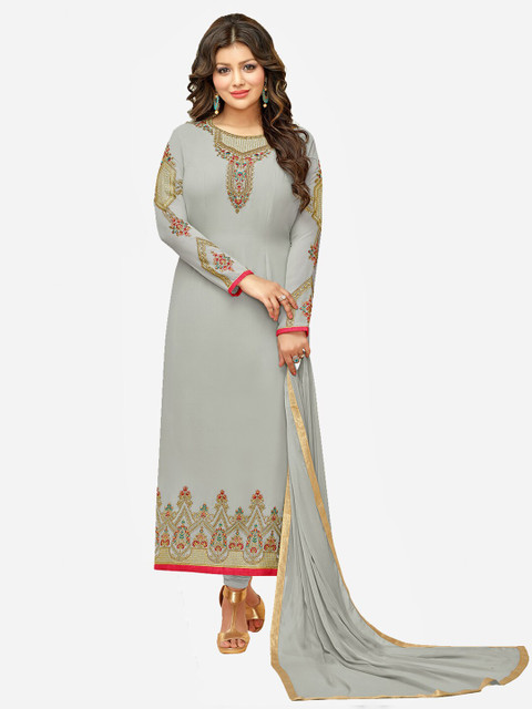 

mf Grey & Gold-Toned Embroidered Semi-Stitched Dress Material