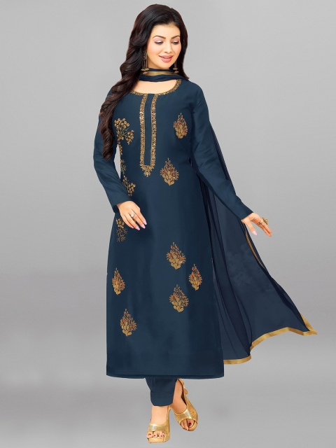 

mf Navy Blue & Gold-Toned Embroidered Unstitched Dress Material