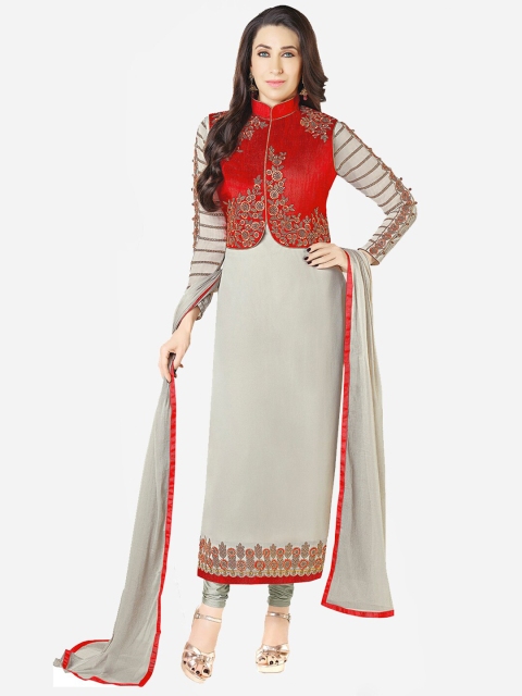 

mf Grey & Red Embroidered Semi-Stitched Dress Material