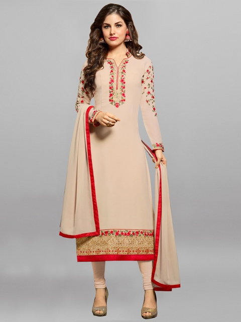 

mf Beige Embroidered Semi-Stitched Dress Material
