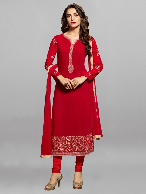 

mf Red & Gold-Toned Embroidered Semi-Stitched Dress Material