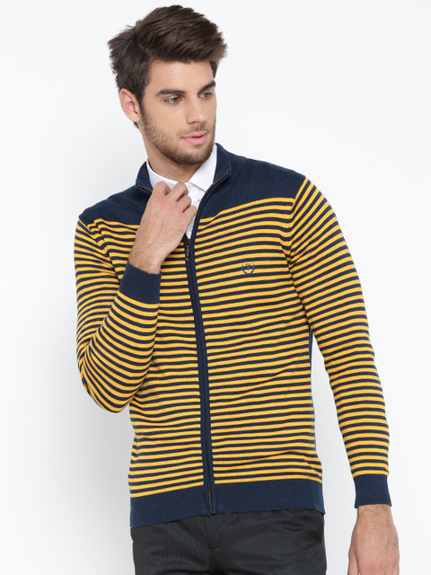 

Van Heusen Men Navy & Yellow Striped Cardigan, Navy blue