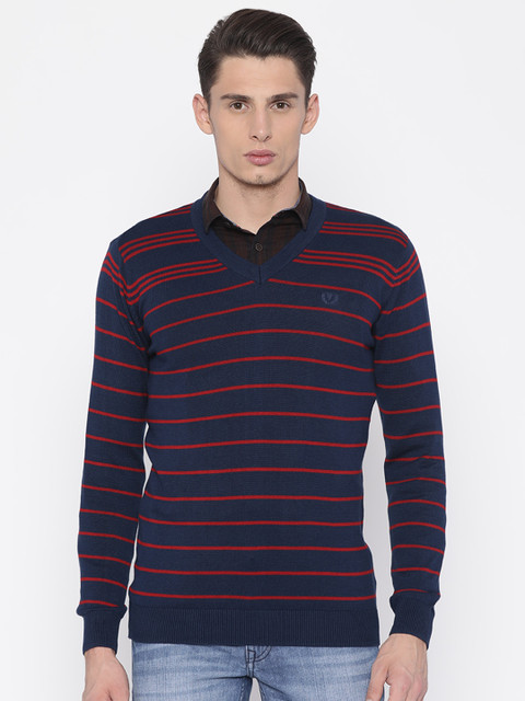 

Van Heusen Men Navy Blue & Red Striped Pullover