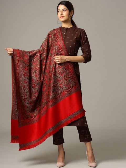 

HANDICRAFT PALACE Women Red Hand Woven Design Wool Shawl