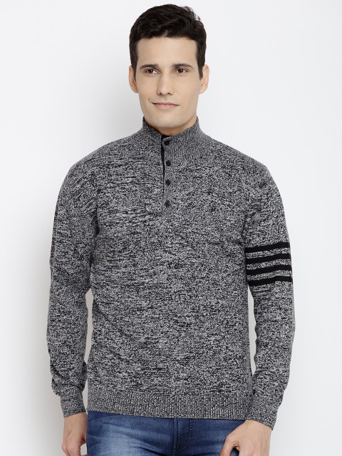

John Players Men Grey Melange & Black Self-Design Sweater