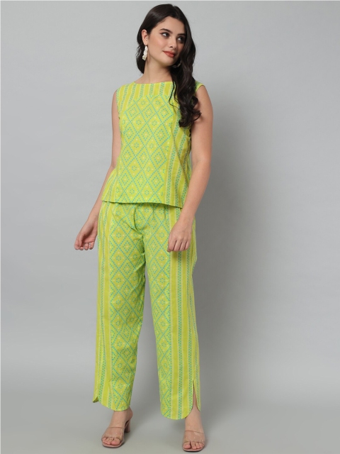 

HELLO DESIGN Women Green & Yellow Bandhani Printed Pure Cotton Top with Trouser
