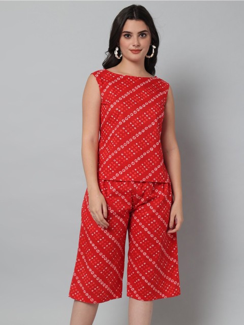 

HELLO DESIGN Women Red Bandhani Printed Pure Cotton Top with Shorts