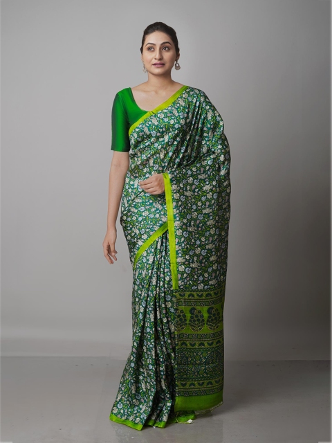 

Unnati Silks Green & Beige Floral Pure Silk Mysore Silk Saree