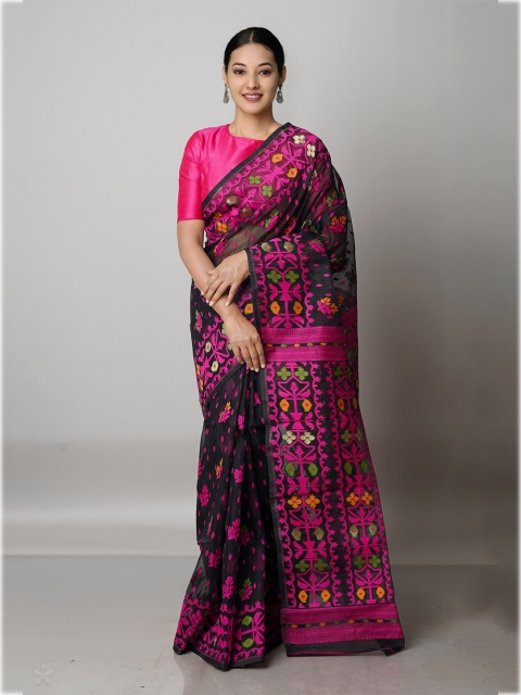 

Unnati Silks Black & Pink Floral Pure Cotton Jamdani Saree