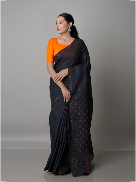 

Unnati Silks Black & Orange Ethnic Motifs Chikankari Bhagalpuri Saree