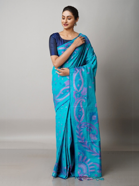 

Unnati Silks Teal & Pink Woven Design Pure Cotton Jamdani Saree