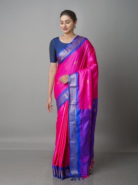 

Unnati Silks Magenta & Blue Woven Design Silk Blend Kanjeevaram Zari Saree