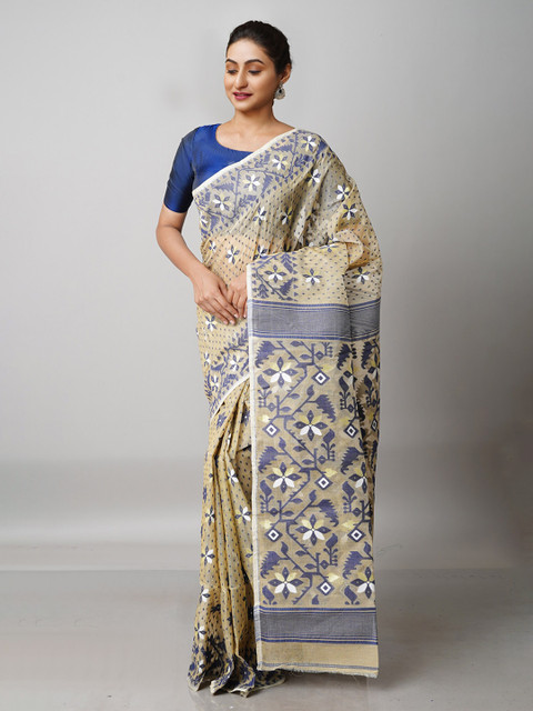 

Unnati Silks Tan & Blue Woven Design Pure Cotton Handloom Jamdani Saree