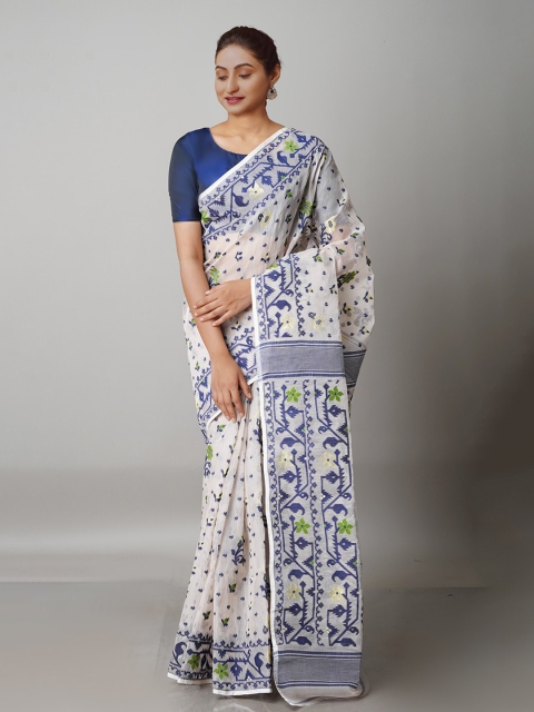 

Unnati Silks Taupe & Blue Woven Design Pure Cotton Handloom Jamdani Saree