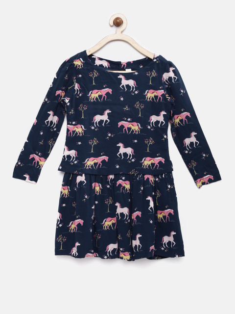 

U.S. Polo Assn. Kids Girls Navy Blue Printed Fit and Flare Dress