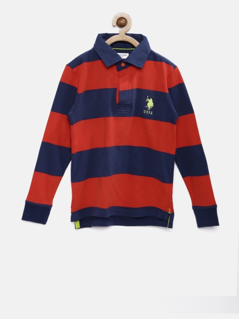 

U.S. Polo Assn. Kids Boys Red & Navy Blue Striped Polo Neck T-shirt
