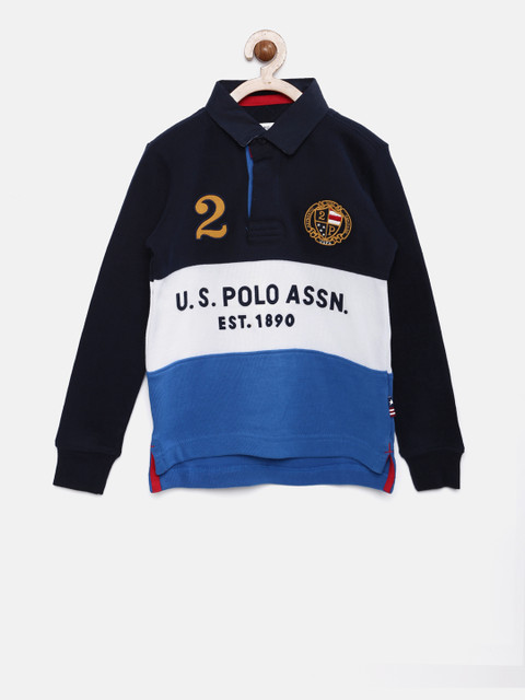 

U.S. Polo Assn. Kids Boys Blue & White Colourblocked Polo Neck T-shirt