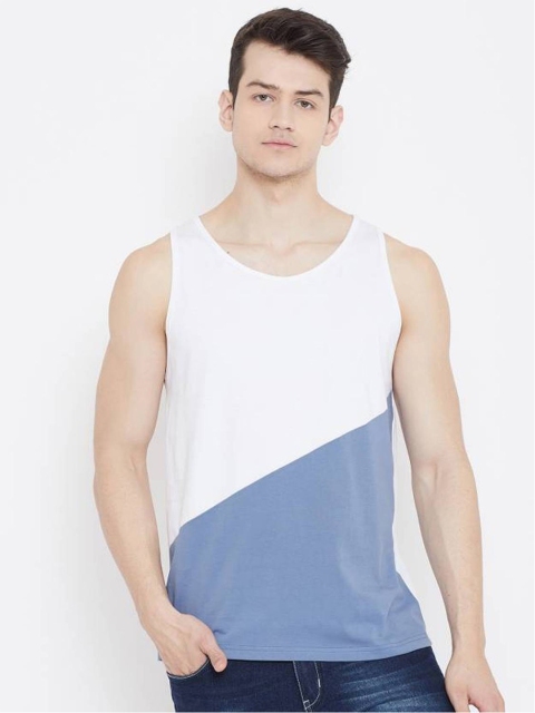 

Rodzen Men Blue & White Colourblocked Pure Cotton T-shirt