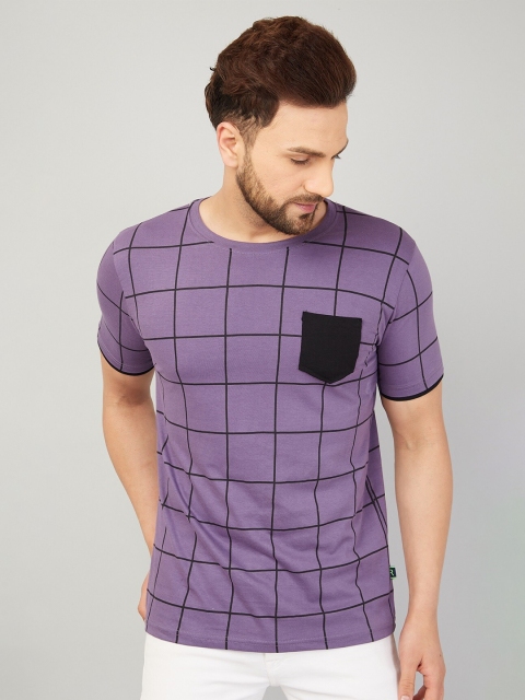 

Rodzen Men Purple Checked Pure Cotton T-shirt