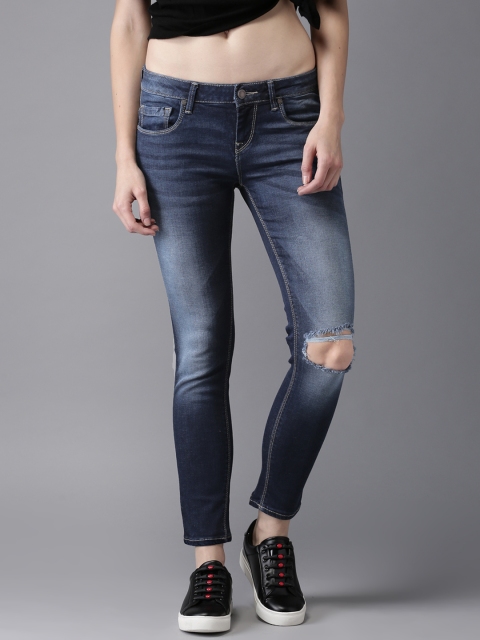 

HERE&NOW Women Blue Skinny Fit Mid-Rise Low Distress Stretchable Cropped Jeans