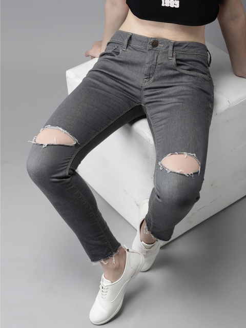 

HERE&NOW Women Grey Skinny Fit Mid-Rise Slash Knee Stretchable Jeans