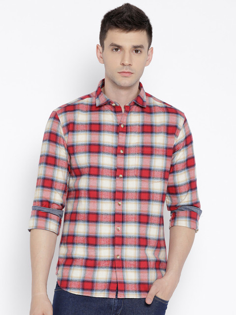 

John Players Men Red & Off-White Trim Fit Checked Casual Shirt