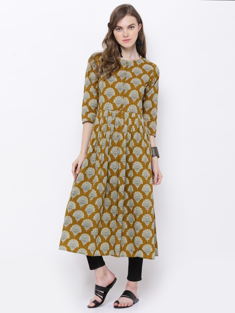 

Vishudh Women Mustard Yellow & Cream-Coloured Printed Anarkali Kurta