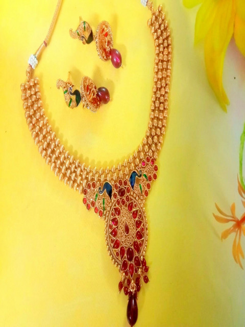 

Runjhun Women Green & Pink Artificial Stone Gold-Plated Studded Jewellery Set