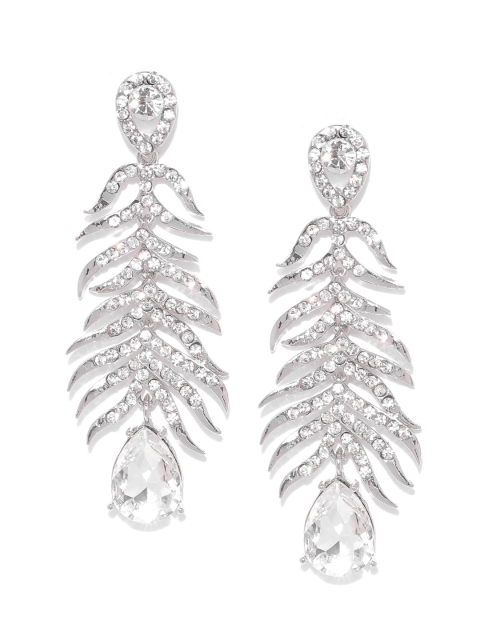 

Bellofox Silver-Toned Stone-Studded Leaf-Shaped Drop Earrings