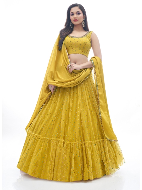

DRESSTIVE Mustard & Pink Embroidered Thread Work Semi-Stitched Lehenga & Unstitched Blouse With Dupatta