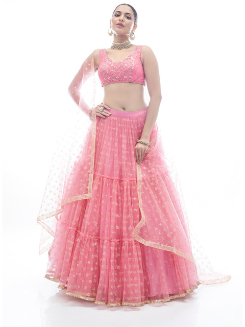 

DRESSTIVE Pink & Gold-Toned Embroidered Thread Work Semi-Stitched Lehenga & Unstitched Blouse With Dupatta
