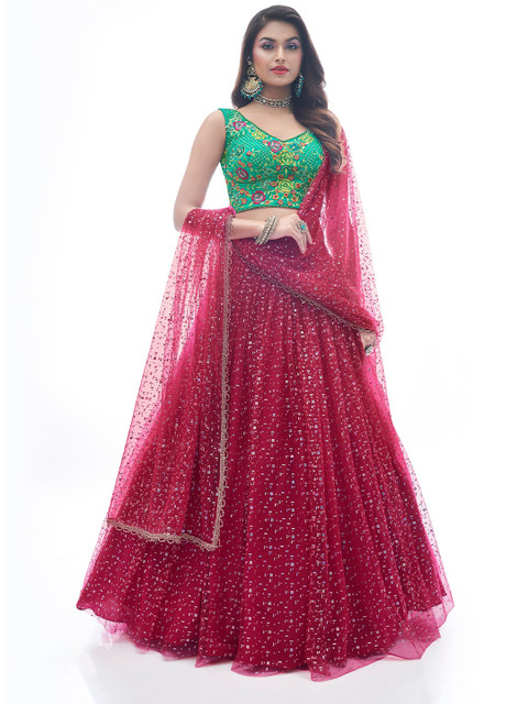 

DRESSTIVE Red & Green Embroidered Thread Work Semi-Stitched Lehenga & Unstitched Blouse With Dupatta