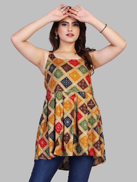 

Fashion FRICKS Women Orange & Green Geometric Print Longline Top