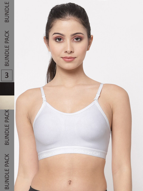 

College Girl Pack Of 3 White & Beige Solid Bra