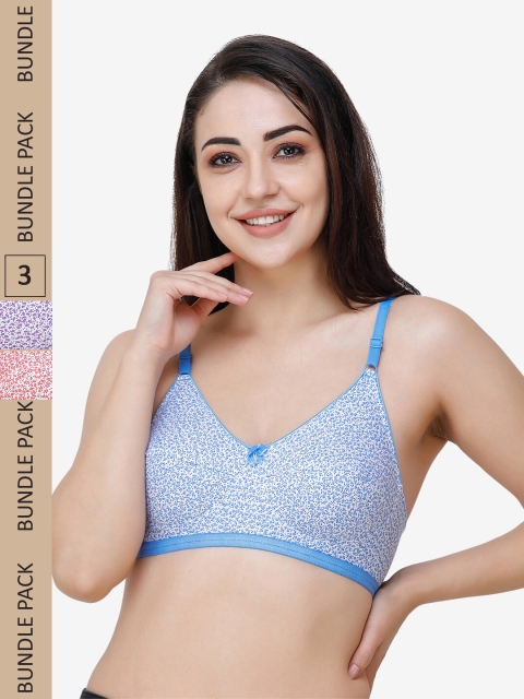 

College Girl Pack Of 3 Blue & Pink Floral Printed Bra