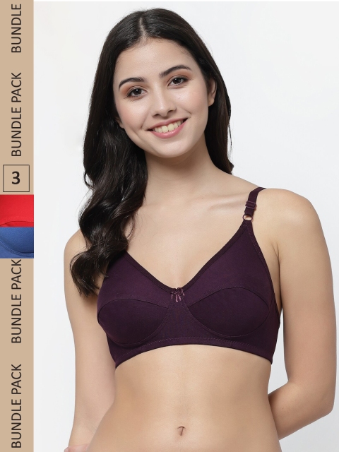 

College Girl Pack Of 3 Red & Blue Solid Bra